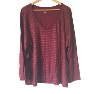 Lane Bryant metallic striped long sleeve V-neck T-shirt size 26/28 burgundy/red